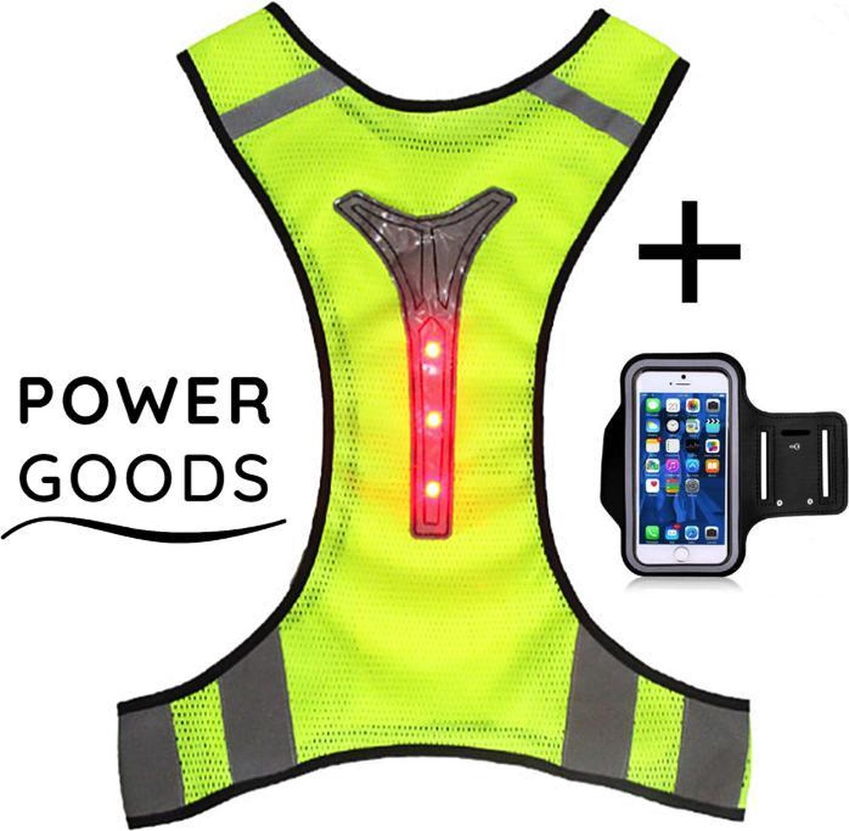 Power Goods Reflecterend hardloopvest met smartphone houder - Reflectie LED vest - Sportarmband - Universeel - Hardloopvest led verlichting - One size- reflecterend hesje - Hardlopen - Sporthesje LED - Unisex - Hardloop verlichting - Veilig hardlopen