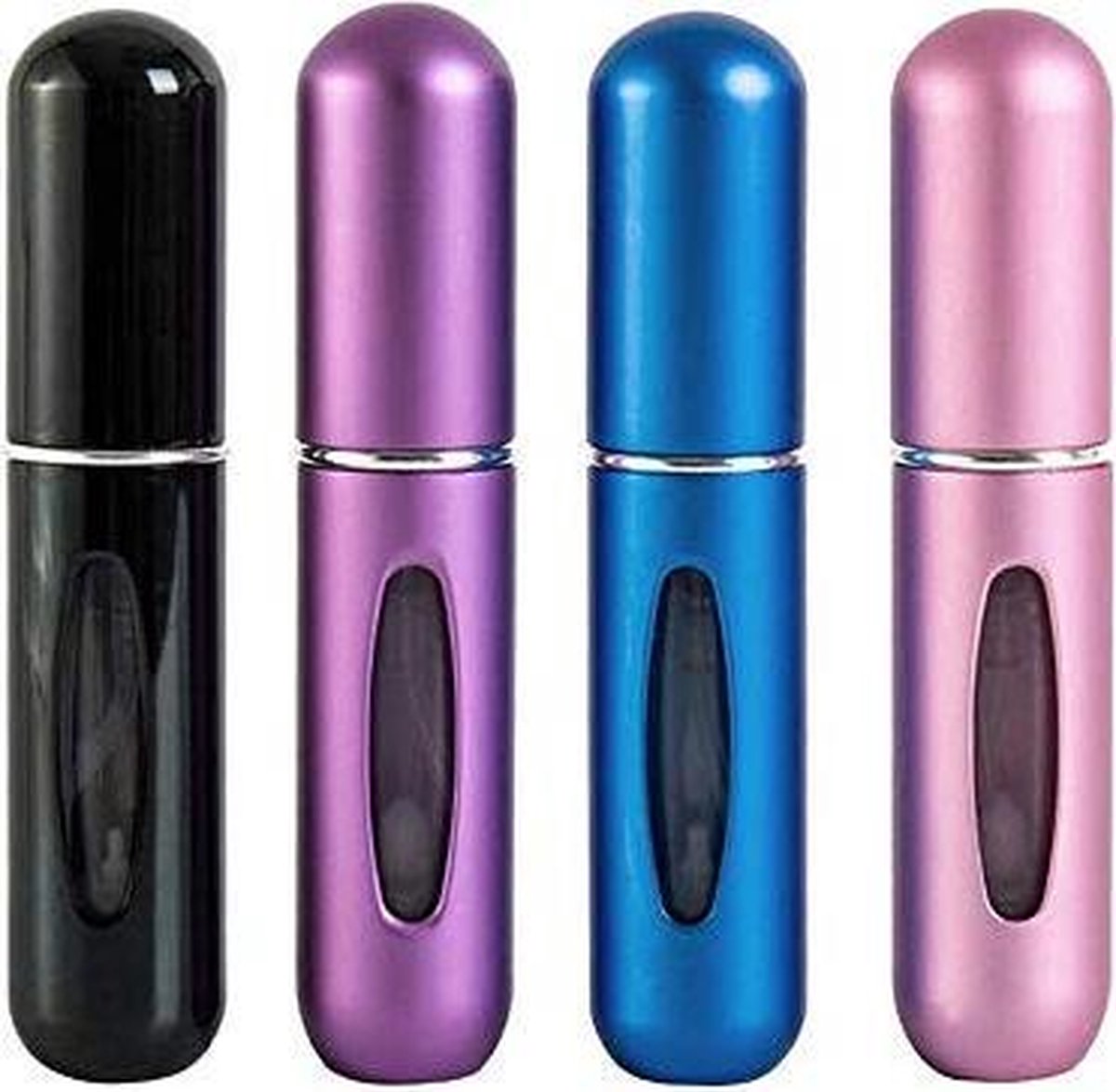 MaxedMore Navulbare Parfumverstuiver 5ml Zwart/ Paars/ Blauw/ Lichtroze - 65 Keer Spraybare Parfum Verstuiver - Hervulbaar Tasverstuiver voor Parfum - Meeneem Mini Geur Flesje voor op Reis - Lipstick Formaat Navulbaar Parfumflesje