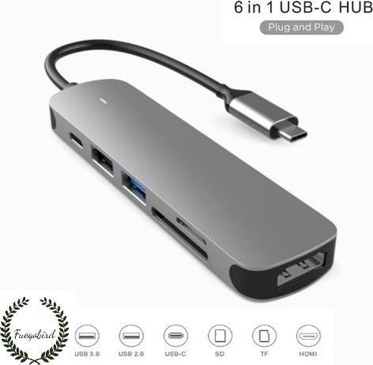 Fuegobird  6 in 1 USB-C HUB - USB3.0 + SD/TF + HDMI + USB-C - Indicatielampje