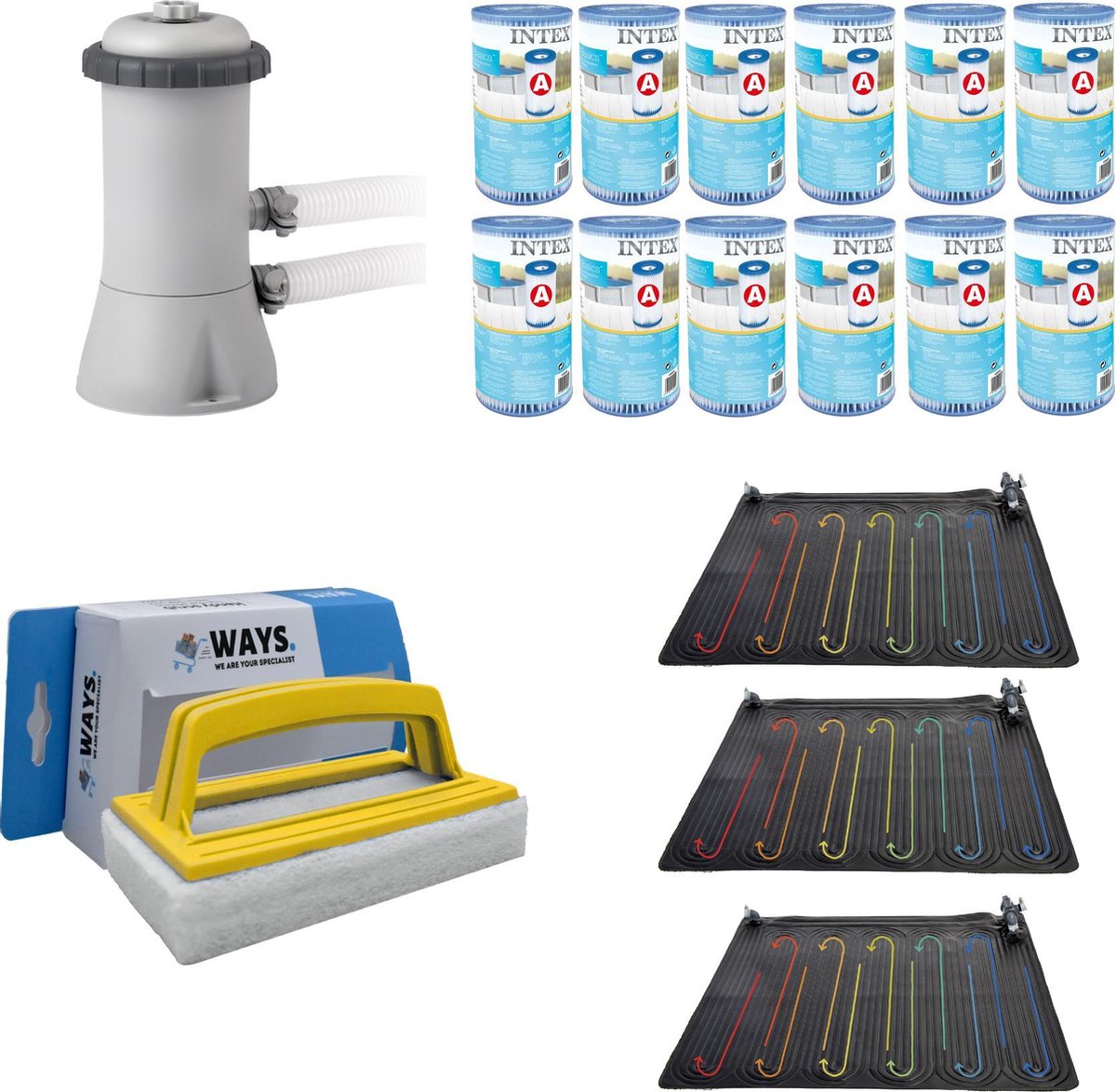 WAYS - Zwembad Onderhoud - Zwembad Verwarming 3 stuks & Intex Filterpomp 28604GS & 12 Intex Filters Type A & WAYS Handy Scrubborstel