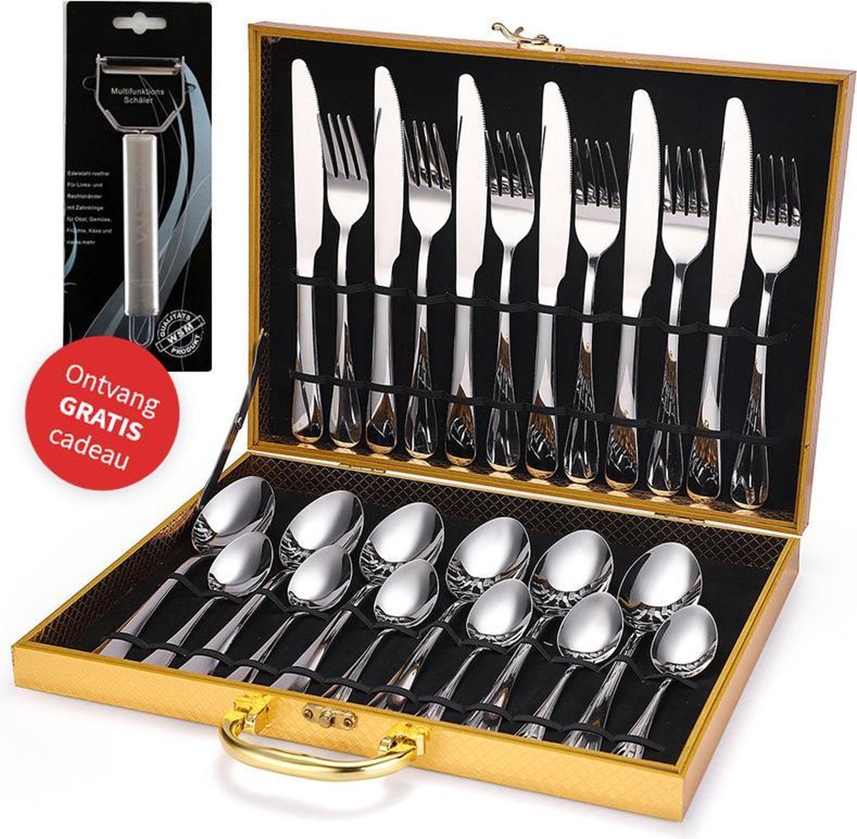 TDR - Roestvrijstalen bestek set -  24 delig  - inclusief koffer - Silver+ gratis cadeau