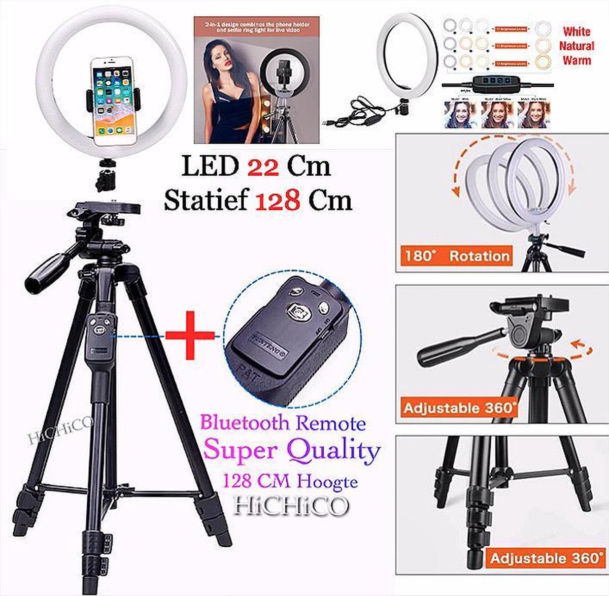 Tripod Camera Statief 128 Cm Zwart Voor Fotocamera en Smartphone - iPhone - Canon – Nikon - Spiegelreflexcamera Inclusief LED Ring Lamp 35 Cm + Bluetooth Remote Shutter – HiCHiCO