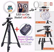 Tripod Camera Statief 128 Cm Zwart Voor Fotocamera en Smartphone - iPhone - Canon – Nikon - Spiegelreflexcamera Inclusief LED Ring Lamp 35 Cm + Bluetooth Remote Shutter – HiCHiCO