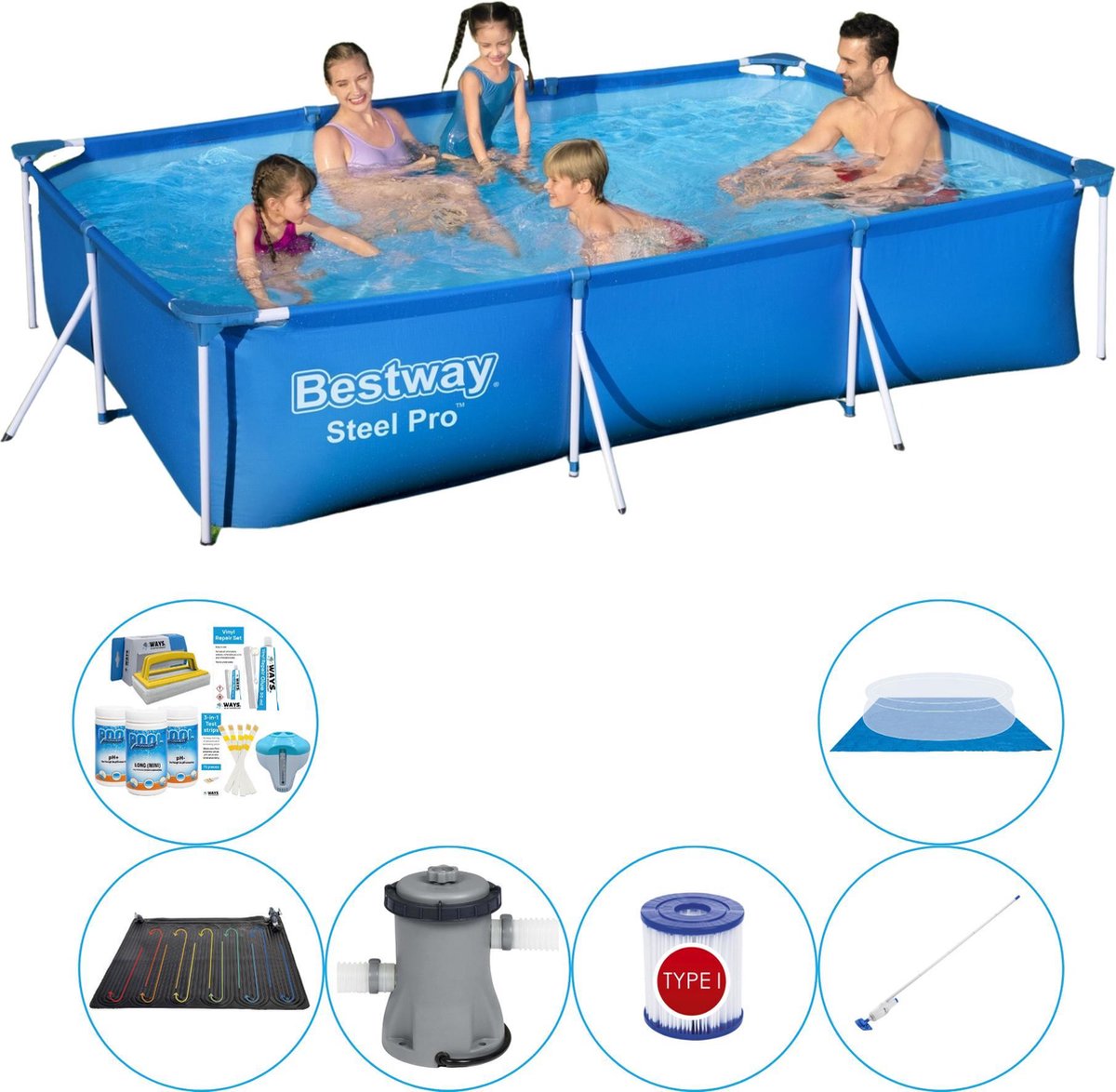 Zwembad Combi Deal - 7-delig - Bestway Steel Pro Rechthoekig 300x201x66 cm