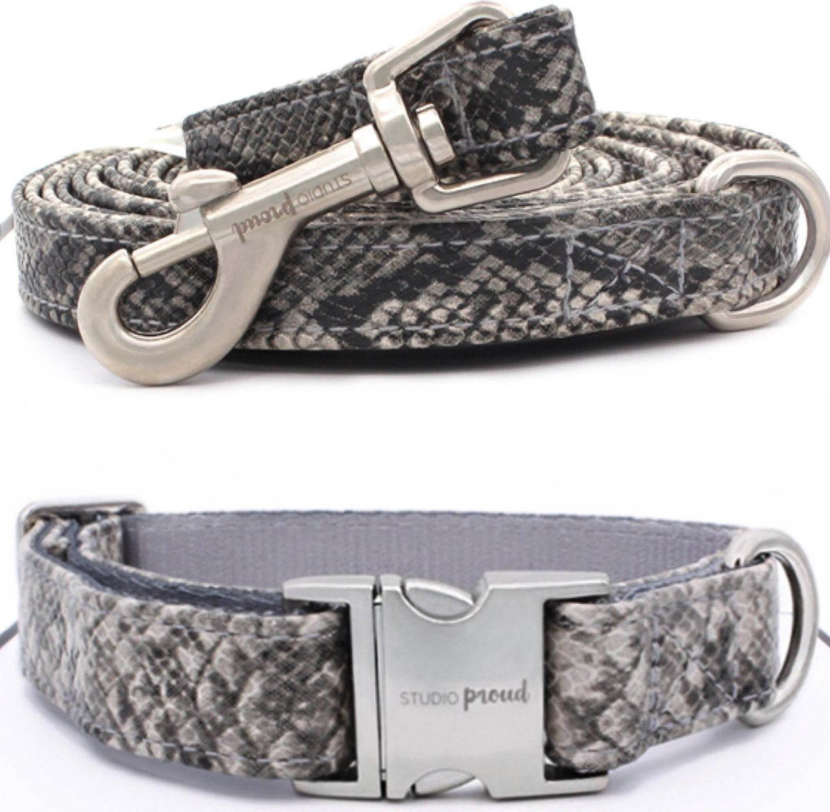 Studio Proud - Halsband en hondenriem - snake print - zilverkleurige accenten - maat S -te combineren met bijpassende poepzakjeshouder