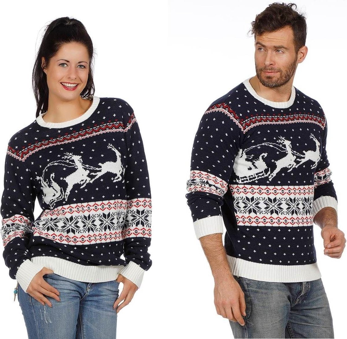 Foute kersttrui blauw met slee voor volwassenen