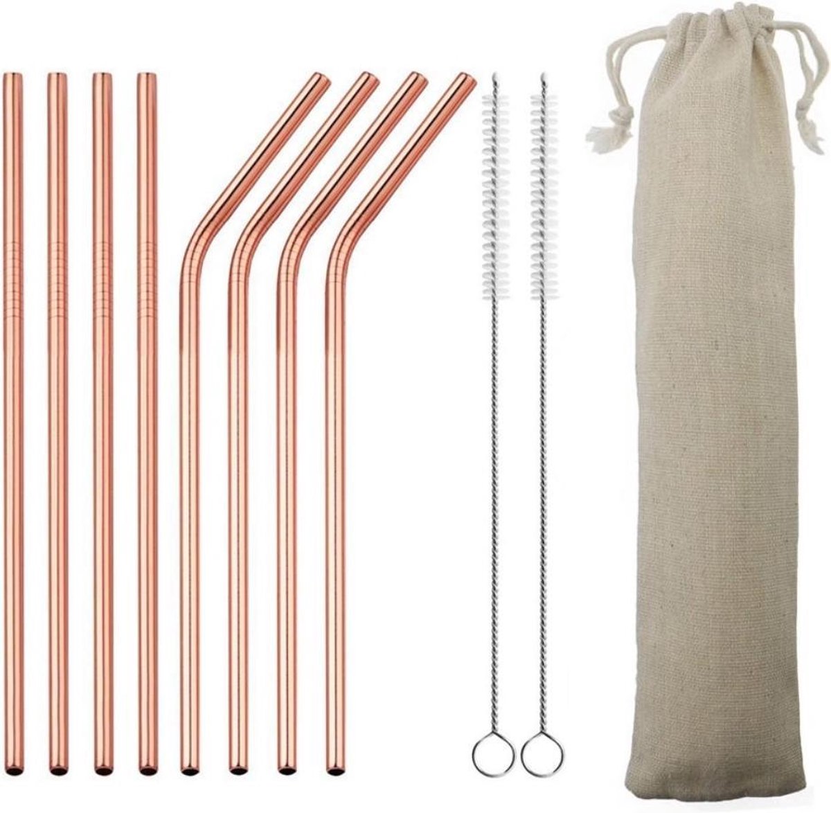 Herbruikbare metalen rietjes - RVS - Set van 8 stuks + 2 kuisborsteltjes - 4 stuks gebogen - 4 stuks recht - Herbruikbaar - Ecologisch - Rosé  goud/Brons