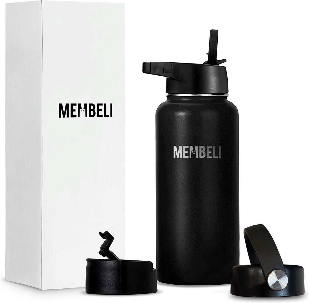 Membeli® Drinkfles Thermosfles met Rietje 500 mL - Thermosbeker Zwart Volwassenen & Kinderen - Isoleerfles 500 mL