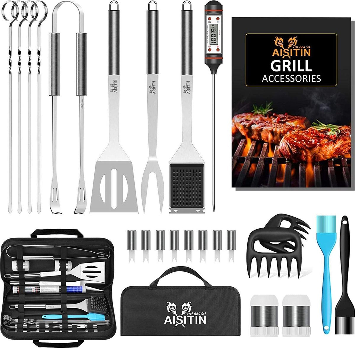 Aisitin® 25 Delige Uitgebreide RVS Set BBQ Accesoires - BBQ Gereedschap - Inclusief draagbare tas - Geschikt Voor Gas & Houtskool BBQ en de Camping