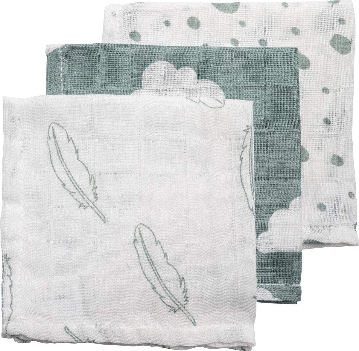 Meyco 3-pack hydrofiele monddoekjes - Feathers-Clouds-Dots - stone green/wit