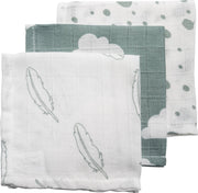 Meyco 3-pack hydrofiele monddoekjes - Feathers-Clouds-Dots - stone green/wit