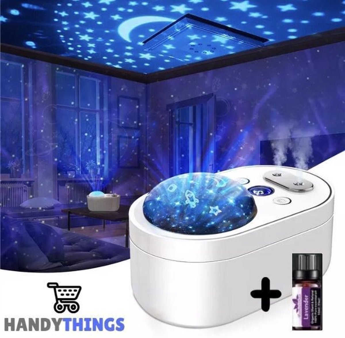 4 in 1 Aroma Diffuser met Dubbele Verstuiver en Sterren Projector  - Incl GRATIS Etherische Olie - Aromadiffuser - Sfeer / Nacht Lamp - Luchtbevochtiger - Aromatherapie - Geurverspreider