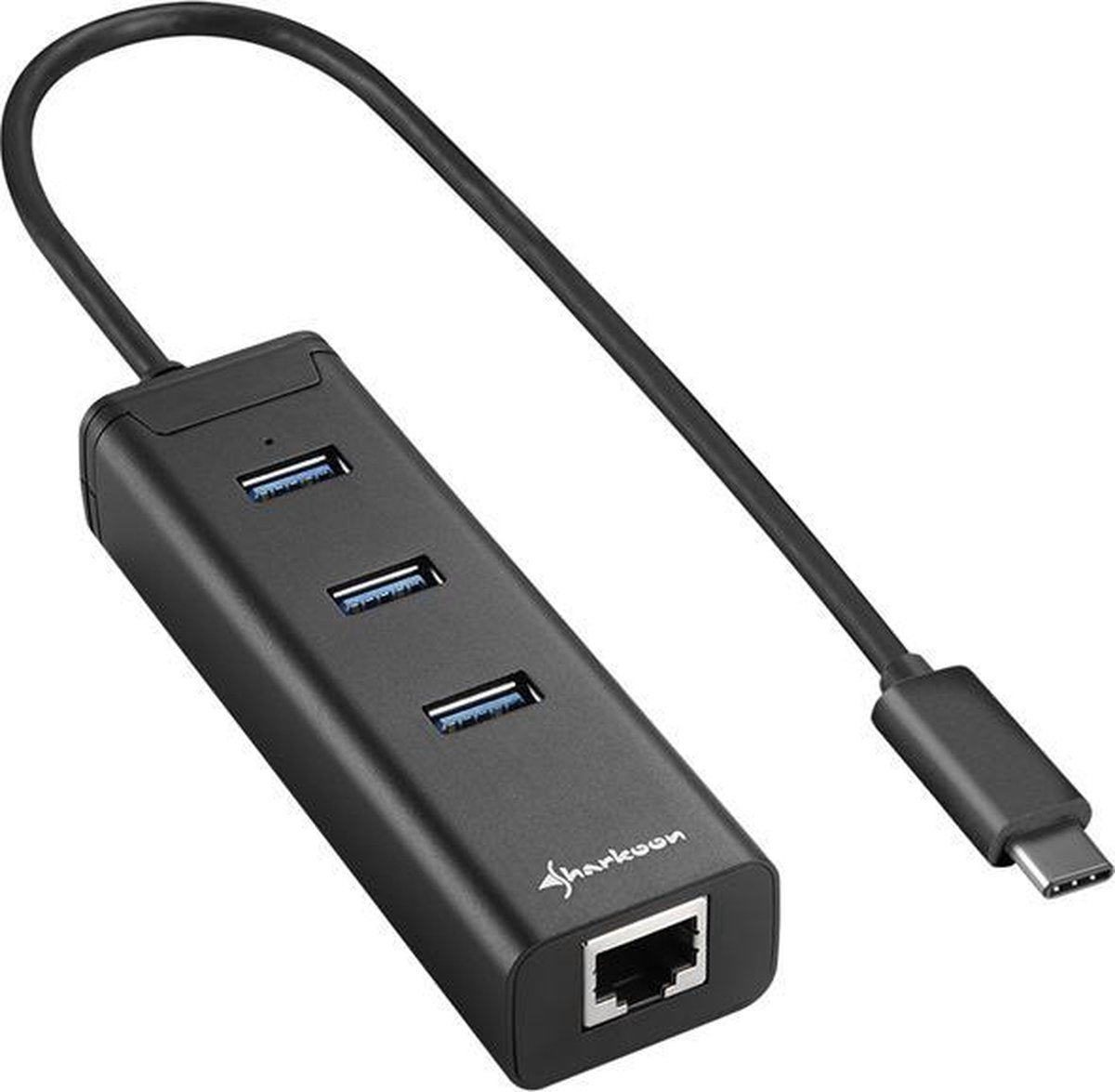 Sharkoon 3-Port USB 3.0 Aluminium Hub + RJ-45 Ethernet Adapter - USB 3.0 Type C - zwart