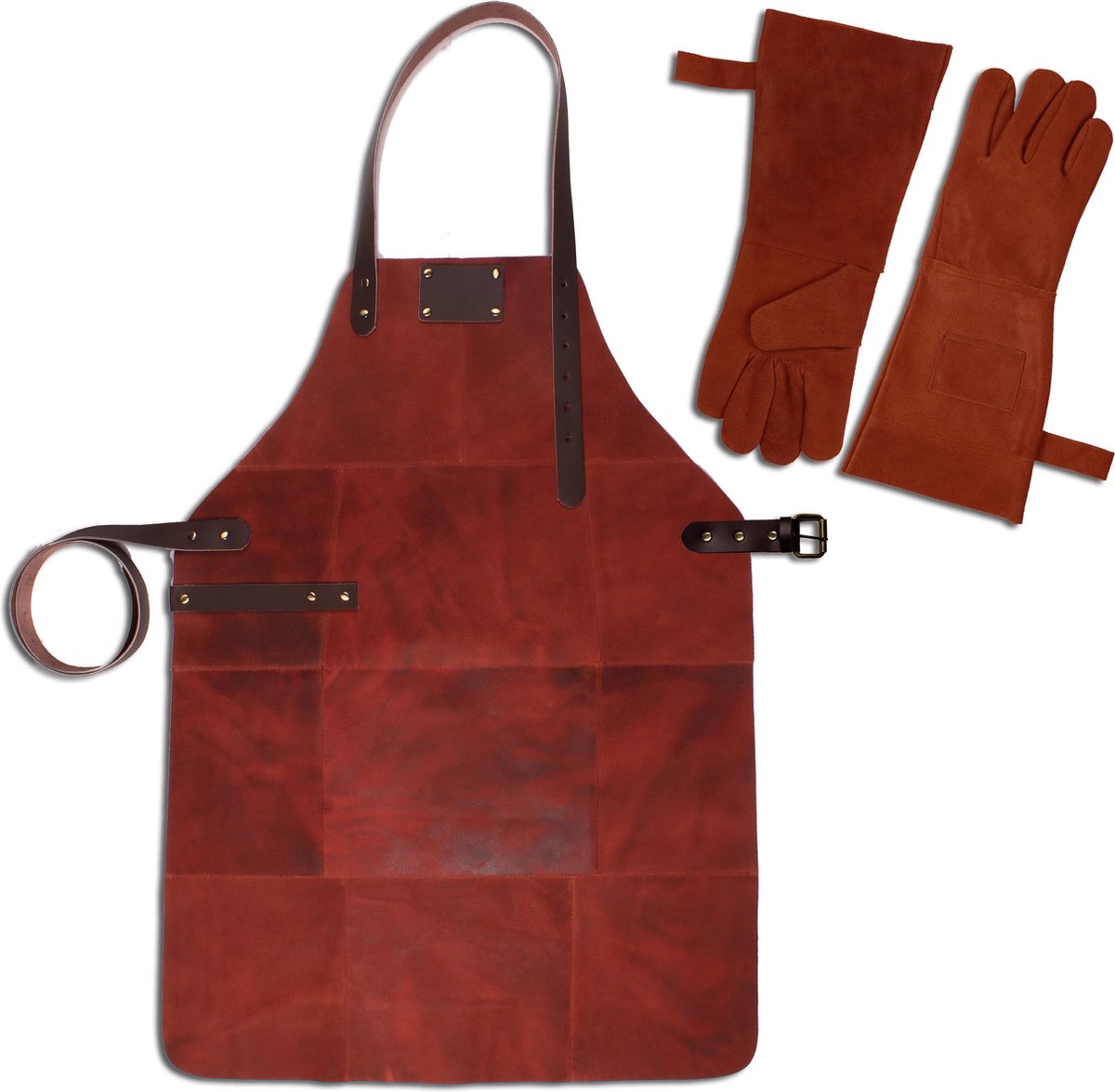 Leren Schort + Leren Handschoenen - Lederen Schort – Fury Rood - Kokschort - BBQ Schort - Kookschort - Vaderdag - 81 cm x 56 cm Inclusief Handschoenen voor de Barbecue