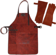 Leren Schort + Leren Handschoenen - Lederen Schort – Fury Rood - Kokschort - BBQ Schort - Kookschort - Vaderdag - 81 cm x 56 cm Inclusief Handschoenen voor de Barbecue