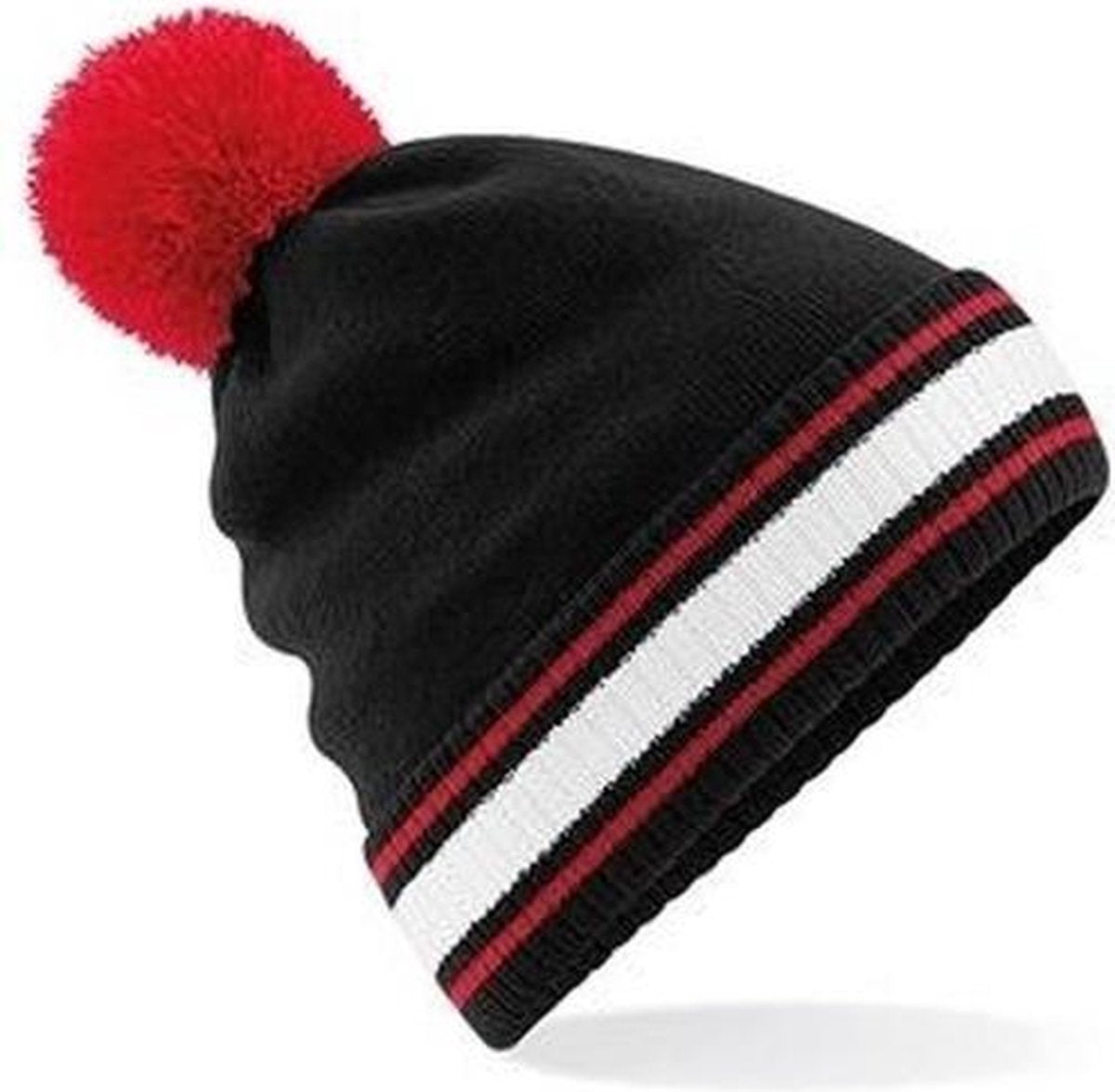 Zwart/rood met witte beanie muts met pompon voor heren