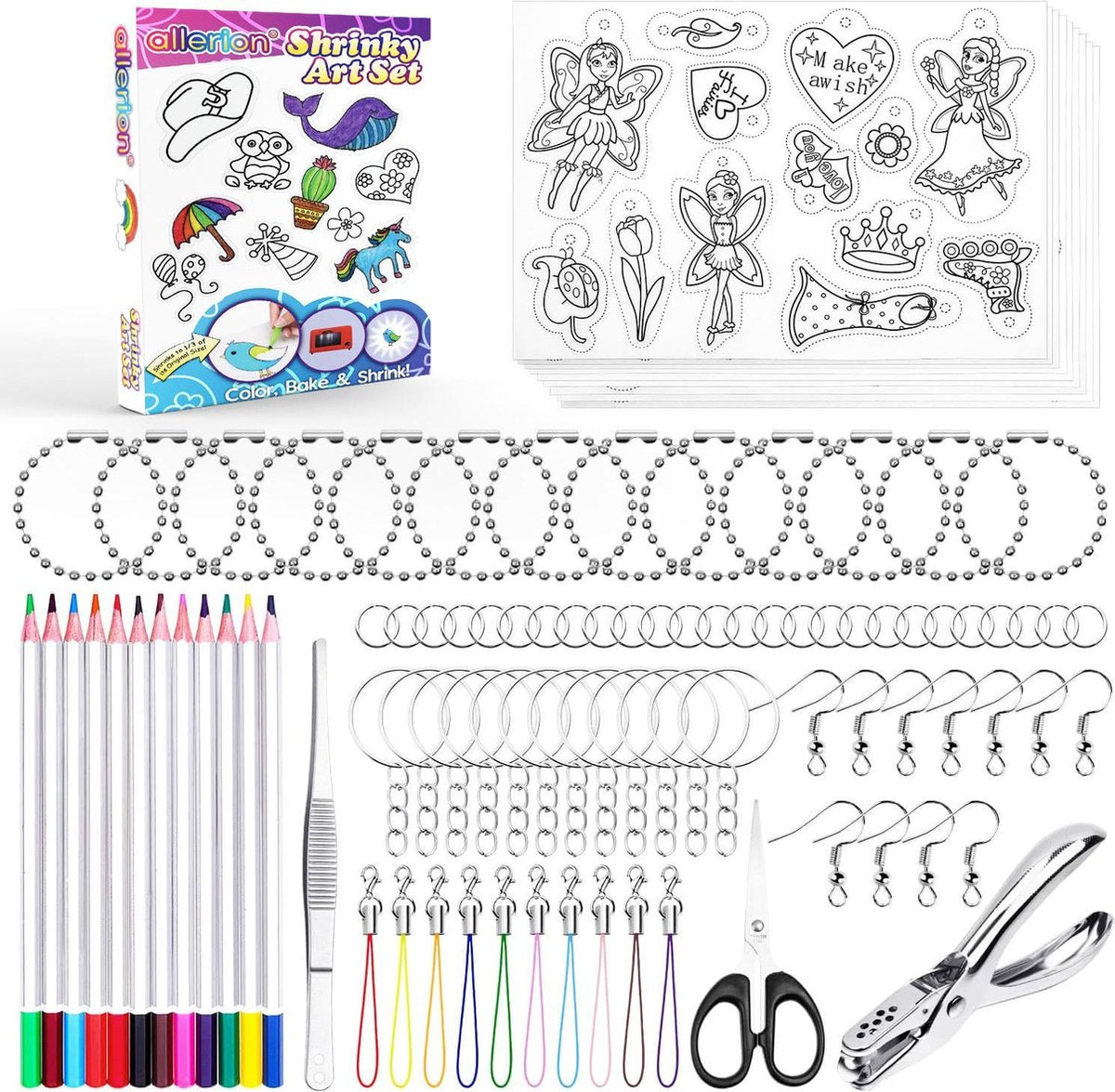 Allerion Krimpfolie set – 205-delig – Knutselen Krimpie Dimpie – Sieraden en sleutelhangers maken - Inclusief attributen en handleiding