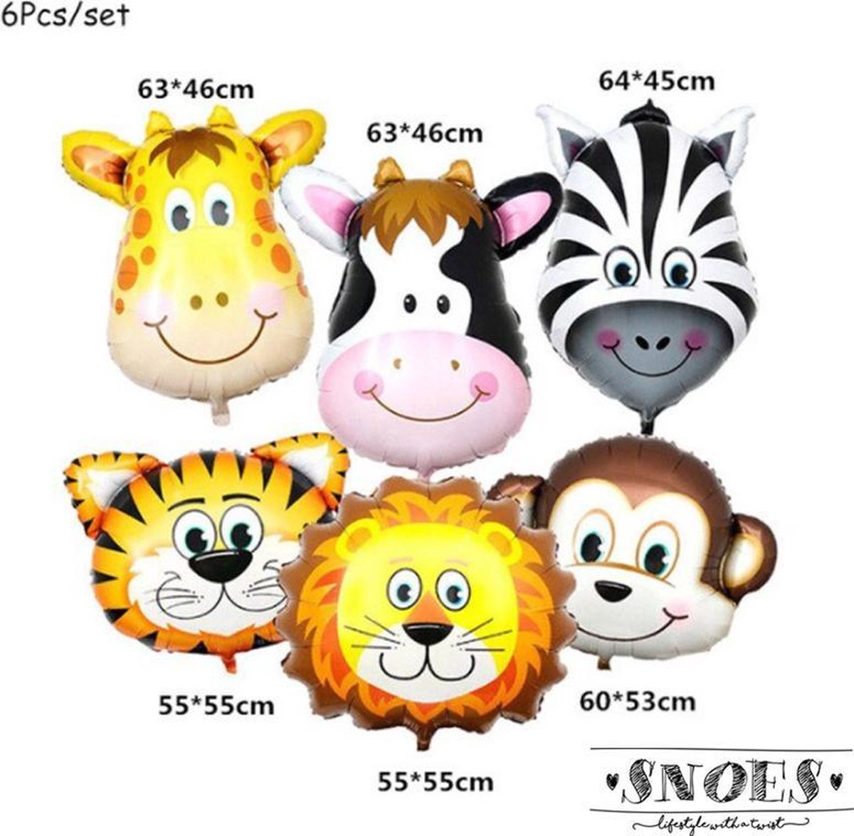 Snoes - Jungle - Safari - Dieren - Verjaardag Jungle - Thema Dieren - Thema Decoratie Ballonnen Verjaardag Versiering Set van 6 grote Dieren voor eerste kinderfeestje