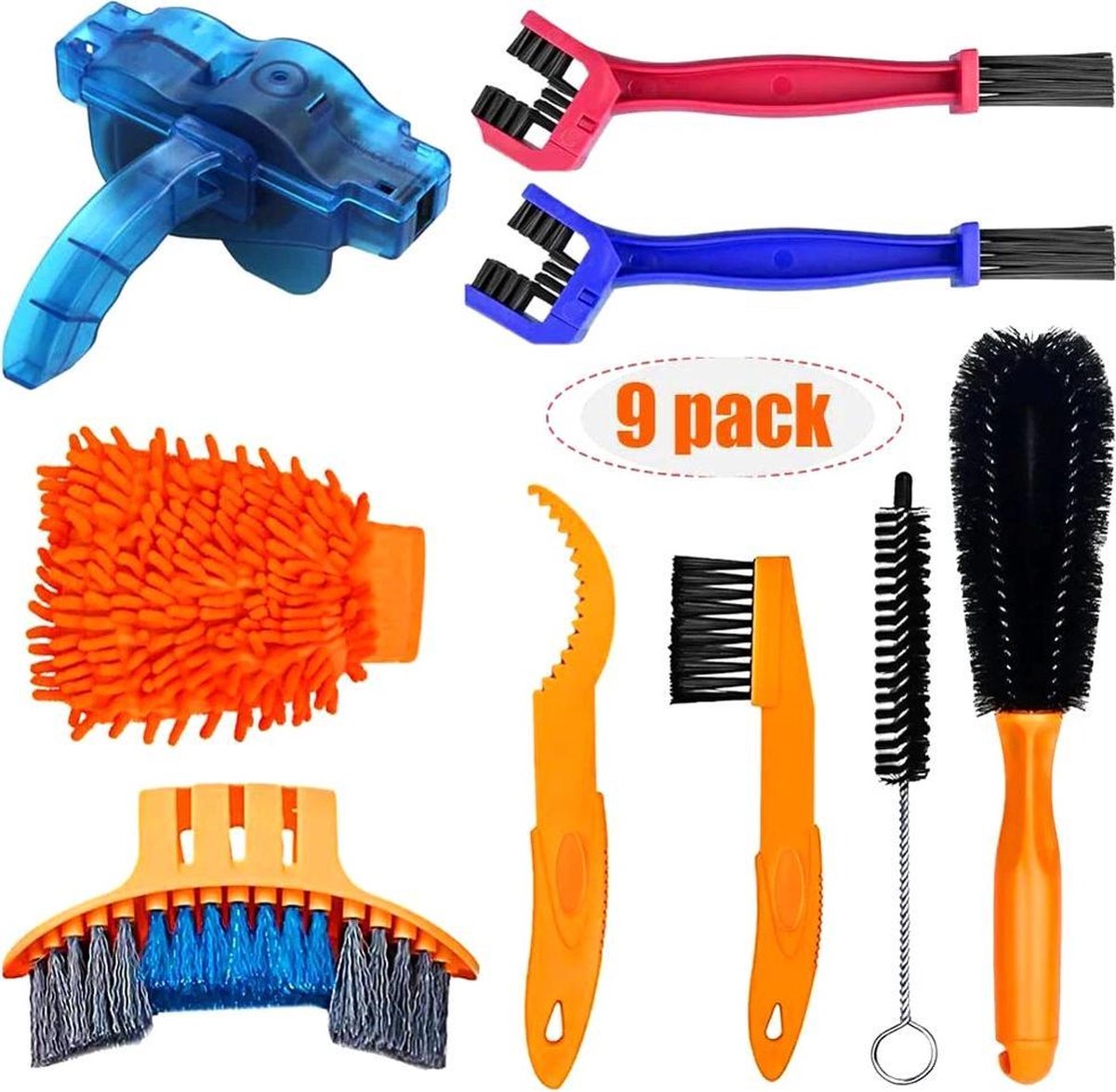 9 delige Professionele Fietsreinigingsset - Kettingborstel - Fietsketting reiniger - Fietsgereedschap - Fiets onderhoud - Washandschoen - Poetsen - Mountainbikes – Borstels – Herenfiets - Damesfiets