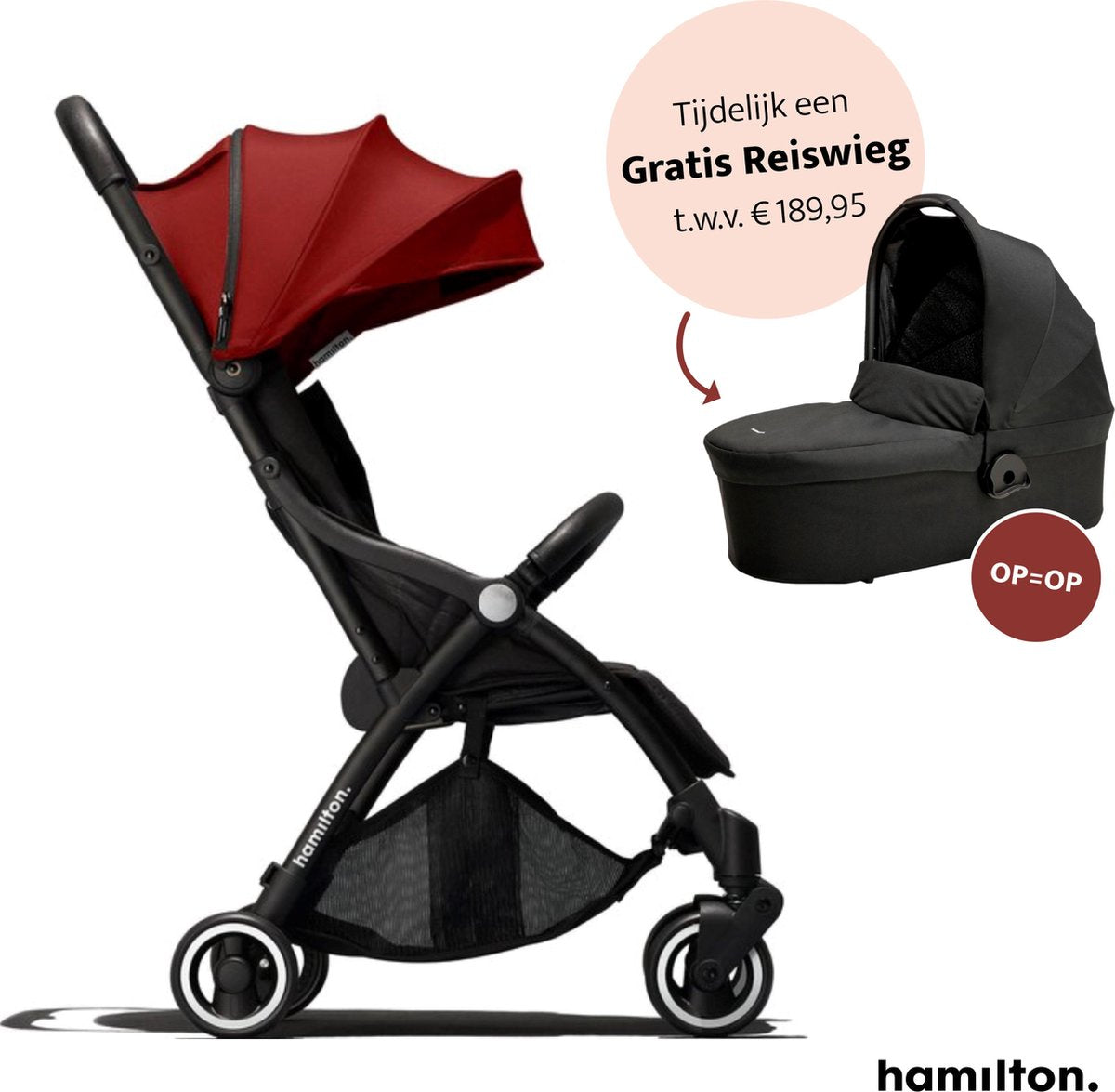 Hamilton One Sport R1 Stroller – 2 in 1 Kinderwagen - Magicfold™ technologie – Buggy – Deep Red + monteerbare Hamilton Essential Black Reiswieg t.w.v. €189
