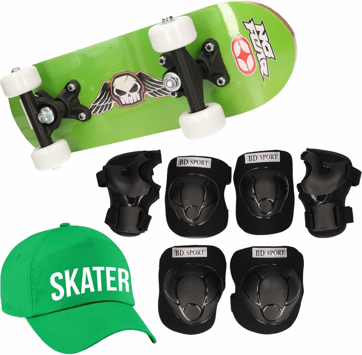 Skateboard set voor kinderen maat  L - 9-10 jaar/valbescherming/skater pet/skateboard met print 43 cm groen