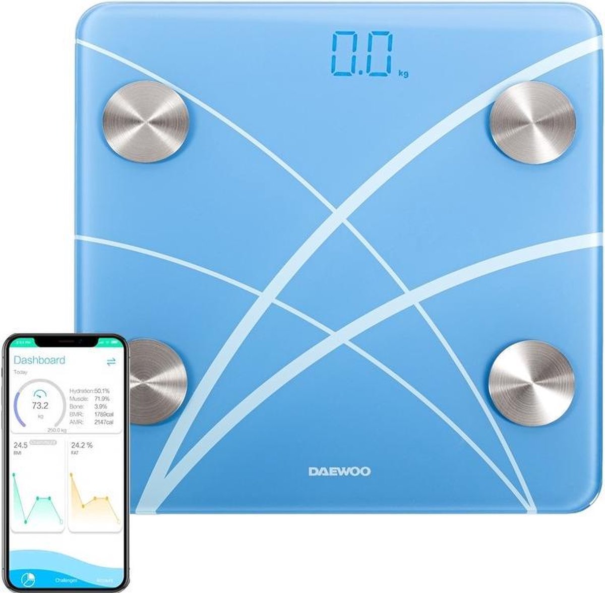 Daewoo DBS180B - Digitale Personenweegschaal - Smart - 180 kg - Batterij - Bluetooth - Lichaamsanalyse - Vetpercentage