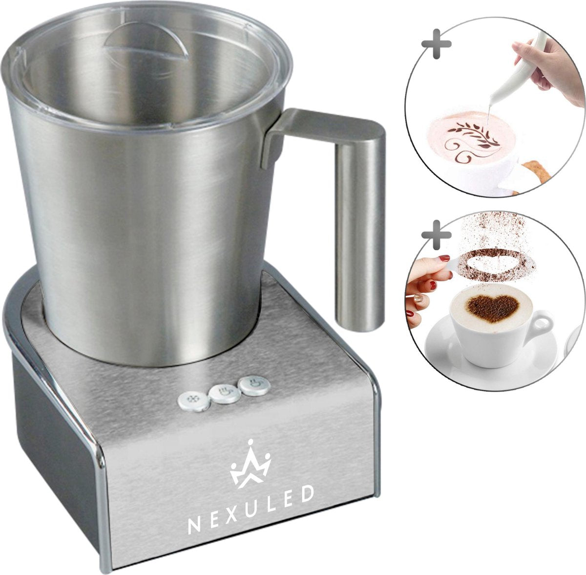 Nexuled Electrische Chrome Melkopschuimer Voor De Lekkerste Cappuccino - Melkopschuimer Met Kruiden Pen Én 16x Sjablonen