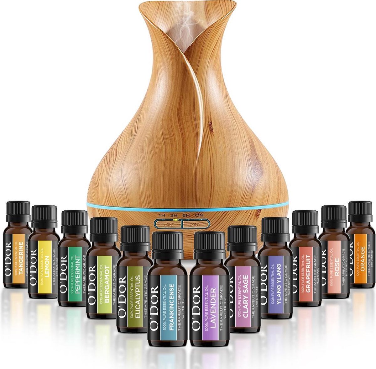 O'dor® Cadeau Set Aroma Diffuser met Extra 12 flesjes Etherische Olie - Vernevelaar - Luchtbevochtiger – Verdamper – Aromatherapie - Geurverspreider - Hout Look