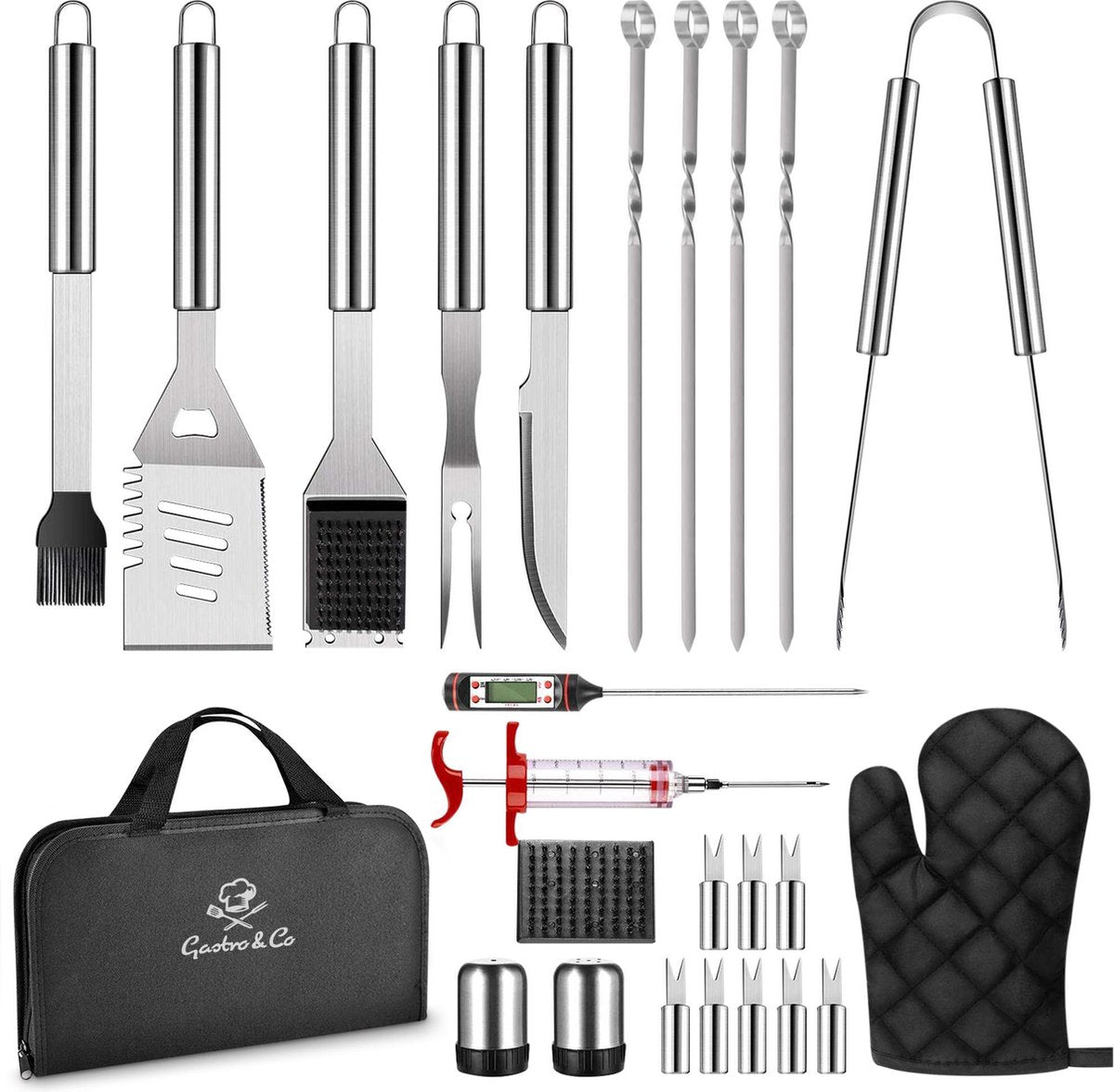 Gastro & Co 25-delige BBQ Set - Barbeque Accessoires Incl Draagtas - Gereedschap & Gerei Set Bestaande Uit Grilspatel / Griltang / Vleesmes / Vork / Vleesinjectiespuit / Vleesthermometer / Spiesjes / Maishouder / Schaar / Borstel / Ovenwant