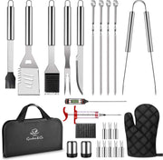 Gastro & Co 25-delige BBQ Set - Barbeque Accessoires Incl Draagtas - Gereedschap & Gerei Set Bestaande Uit Grilspatel / Griltang / Vleesmes / Vork / Vleesinjectiespuit / Vleesthermometer / Spiesjes / Maishouder / Schaar / Borstel / Ovenwant