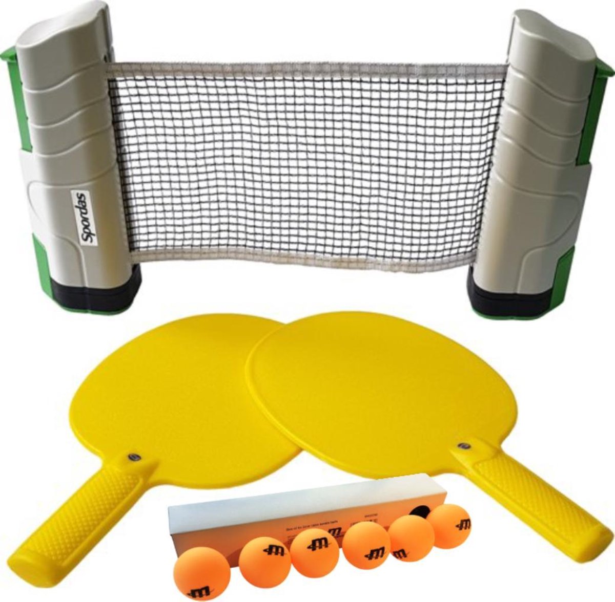 Tafeltennis Pingpong Set 2 kunststof batjes + oprolbaar Tafeltennis Net + 6 ballen