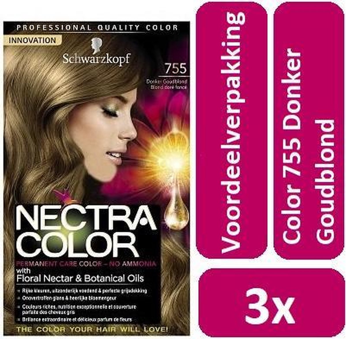Schwarzkopf Nectra Haarverf 3 x Color 755 Donker Goudblond Voordeelverpakking