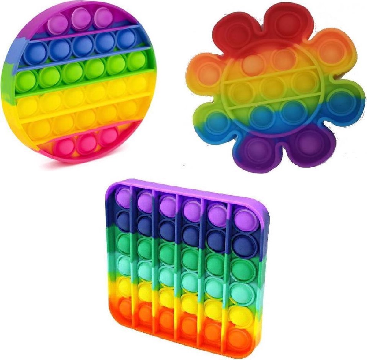 Fidget toys - Pop it - Rainbow Flower - Rainbow Rond - Rainbow Vierkant -  Regenboog bloem - Set van 3 stuks