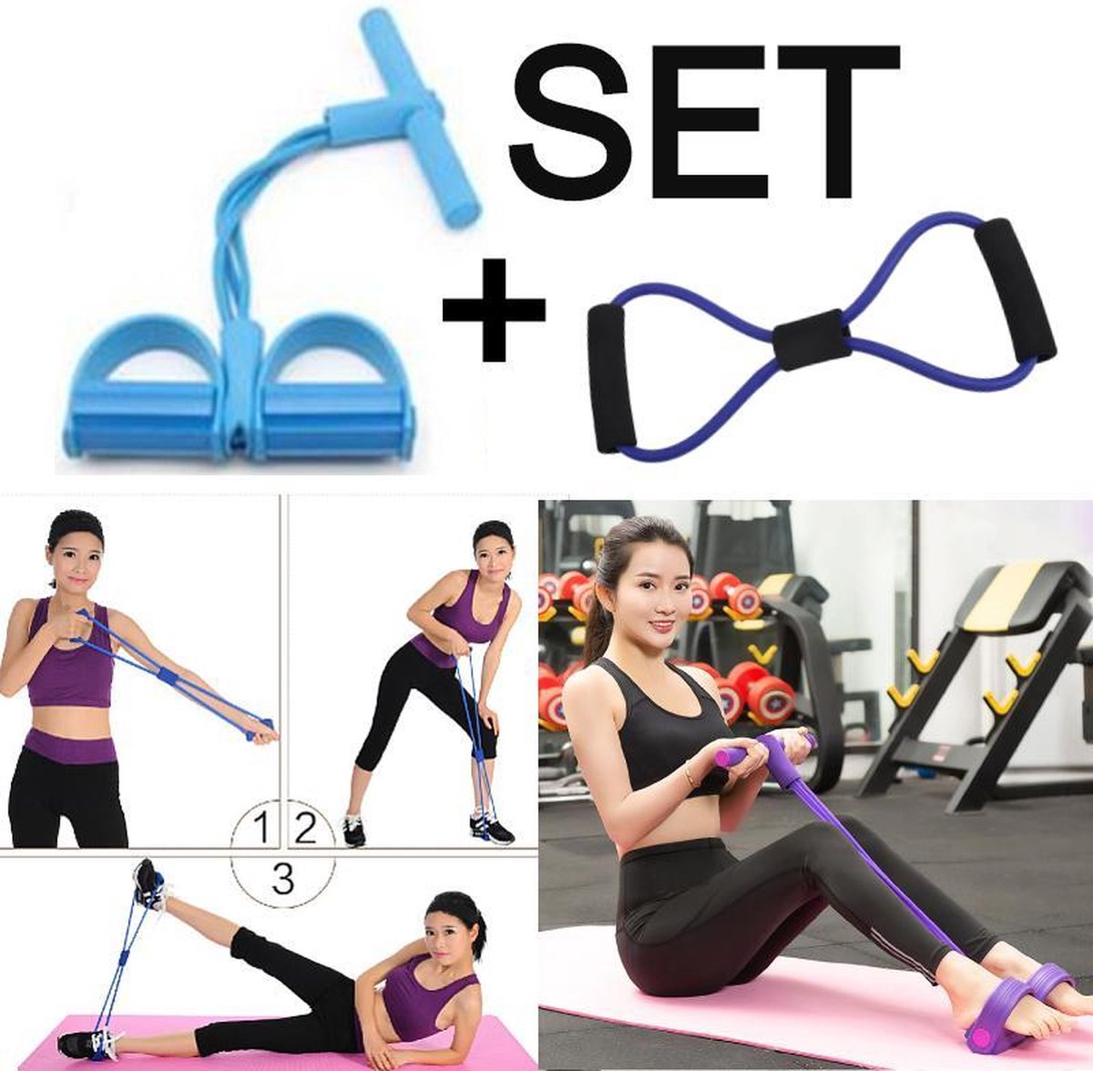 Allernieuwste Set Weerstandbanden Fitness Elastiek - Full Body Workout - Buikspier training - Elastische Sit-Ups Trekkoorden - Blauw