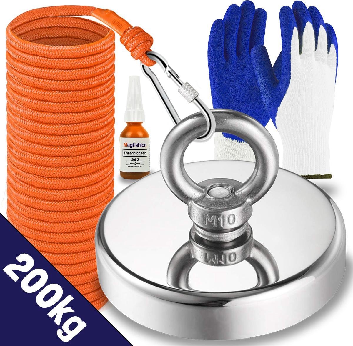 Magfishion® Vismagneet Set - 200 KG - Magneetvissen - 20m Touw + Karabijnhaak met Schroefsluiting - Handschoenen - Borgmiddel - Magneetvissen Starterspakket - Magneet Vissen - Outdoor