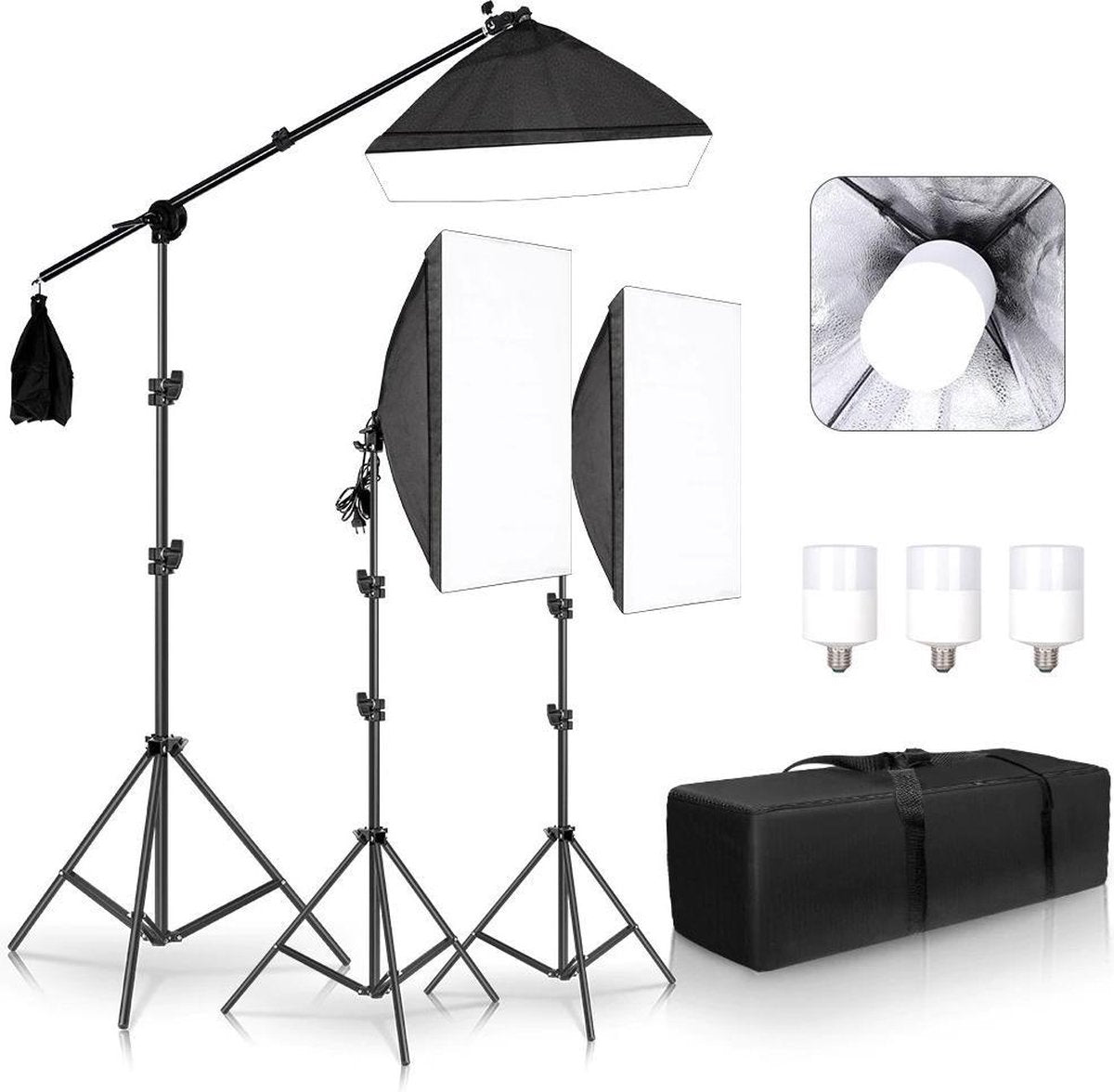 Grandecom® Pro Complete Softbox Studiolamp Set - Met Statief - Diffuser - 20W LED Lampen - 50x70 cm - 200cm hoog - Zwart
