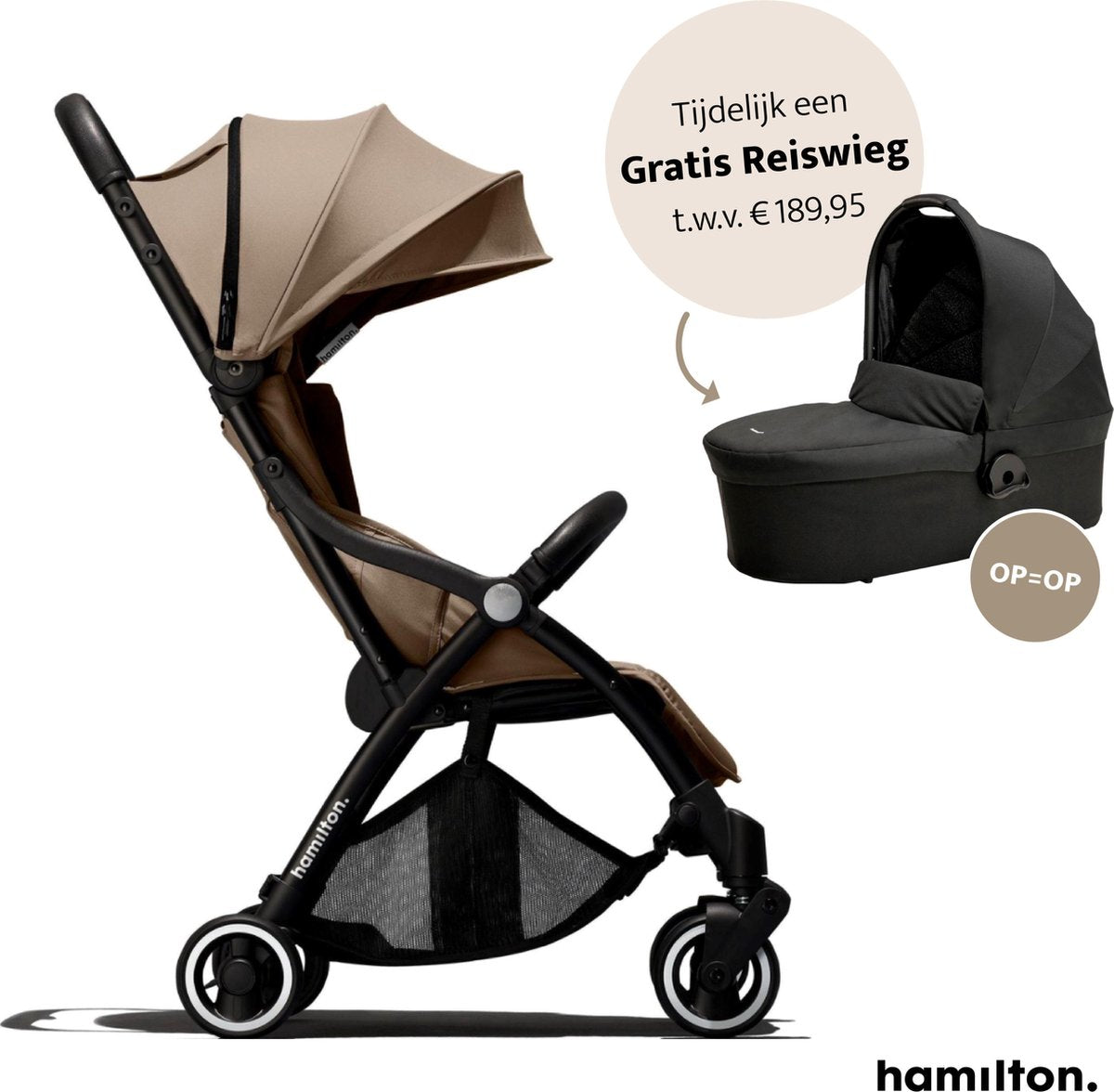 Hamilton One Prime X1 Stroller – 2 in 1 Kinderwagen - Magicfold™ technologie – Buggy – Sand + monteerbare Hamilton Essential Black Reiswieg t.w.v. €189
