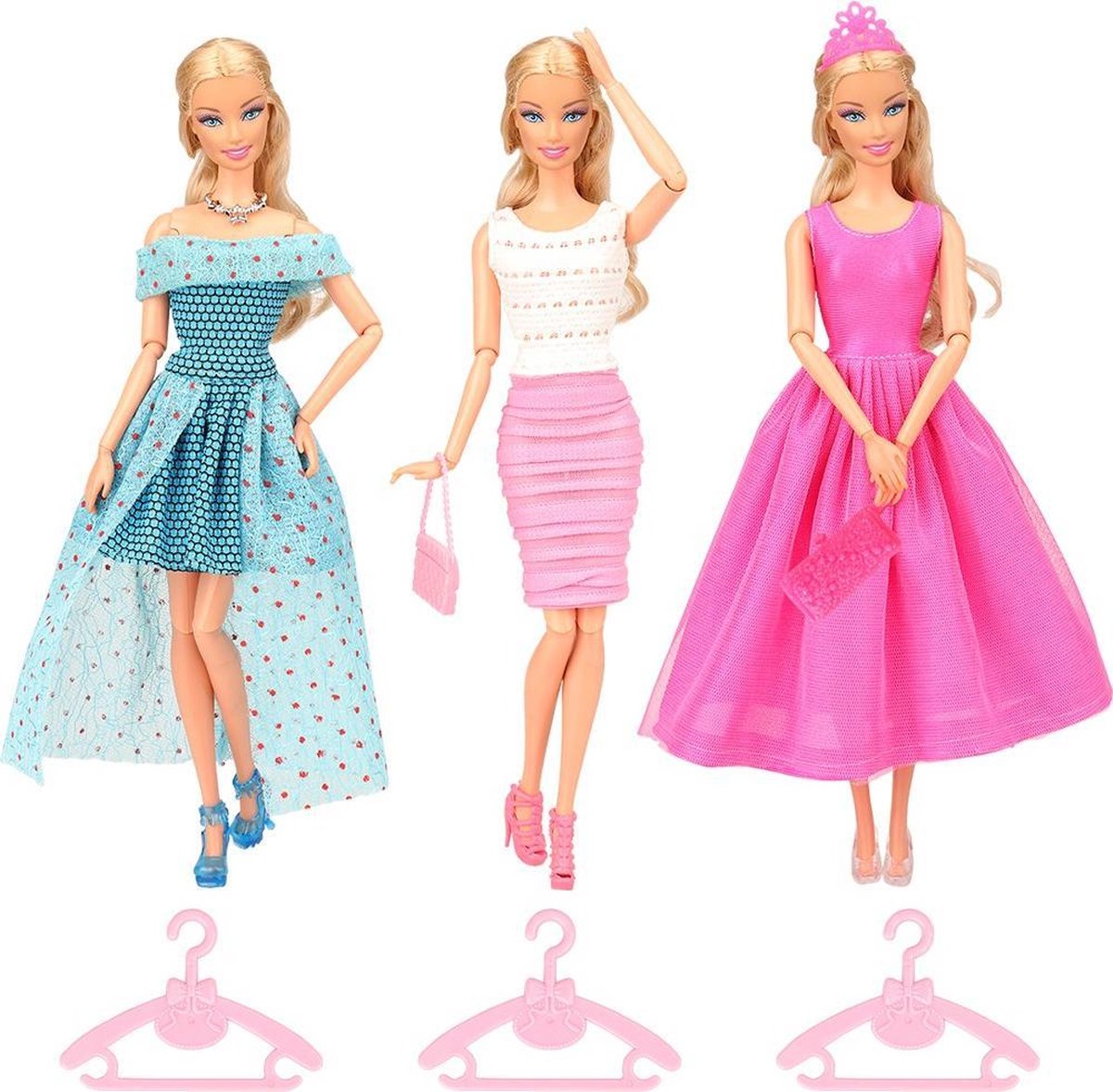 3x kleding en accessoires voor modepoppen met jurken