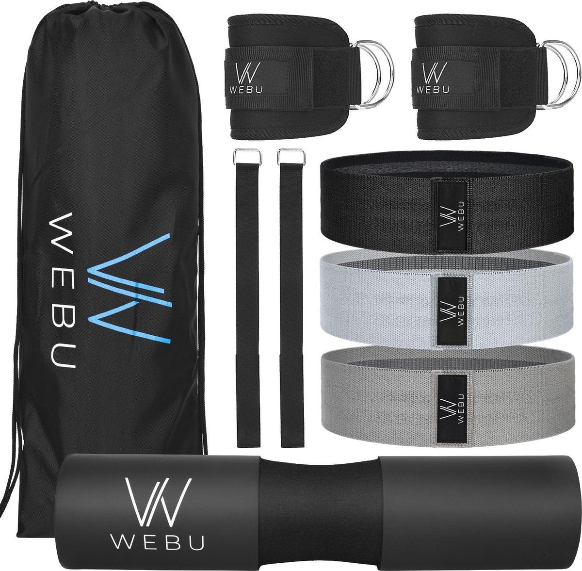 WEBU 9 delige Fitness / sportschool set - Barbell squat pad nekbeschermer – Weerstandsband – Resistance band set / Booty workout kit