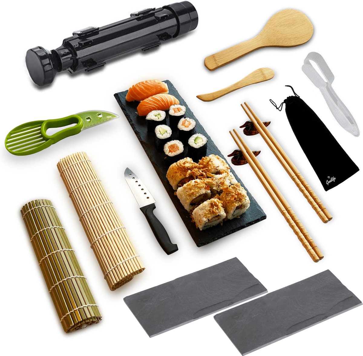 Goodlife® XXL Deluxe Sushi Maker Set - 15 delig - Sushi Bazooka - Rolmatten - Leisteen Serveerplateau's - Chopsticks - Avocado Snijder - Nigiri maker - Eco friendly - Sushi Kit  - Sushi servies - Zwart