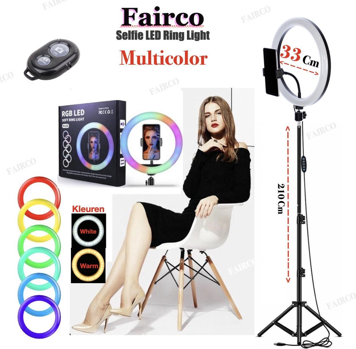 LED Ring Light 33Cm Multicolour Met Statief 210Cm Inclusief Bluetooth afstandsbediening en Telefoonhouder Selfie - lamp - Ringlamp - Statief - Tik tok - flitser - Make up light - Studiolamp - Ring Light
