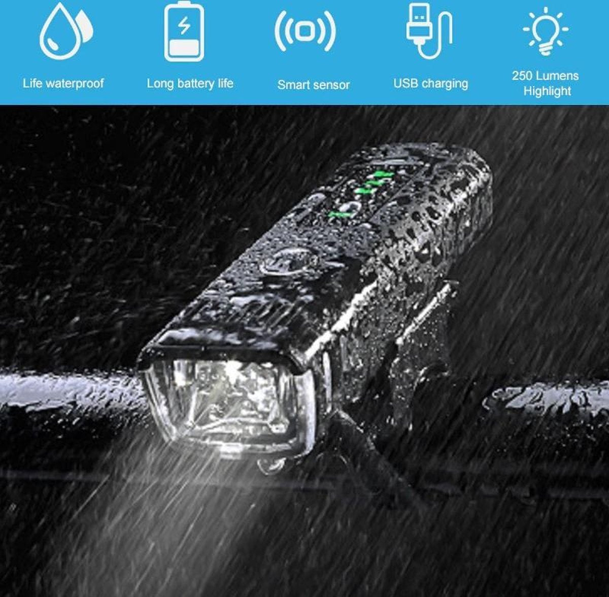 Fietsverlichting USB Oplaadbaar – Voorlamp Fiets -  Voorlicht – LED - Waterdicht - Fietslampje - 250 Lumen