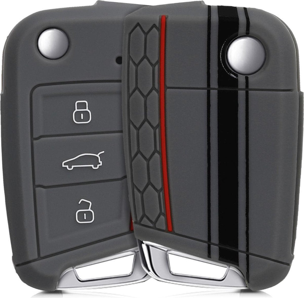 kwmobile autosleutelhoes voor VW Golf 7 MK7 3-knops autosleutel - Siliconen beschermhoes in zwart / grijs - Rallystrepen design