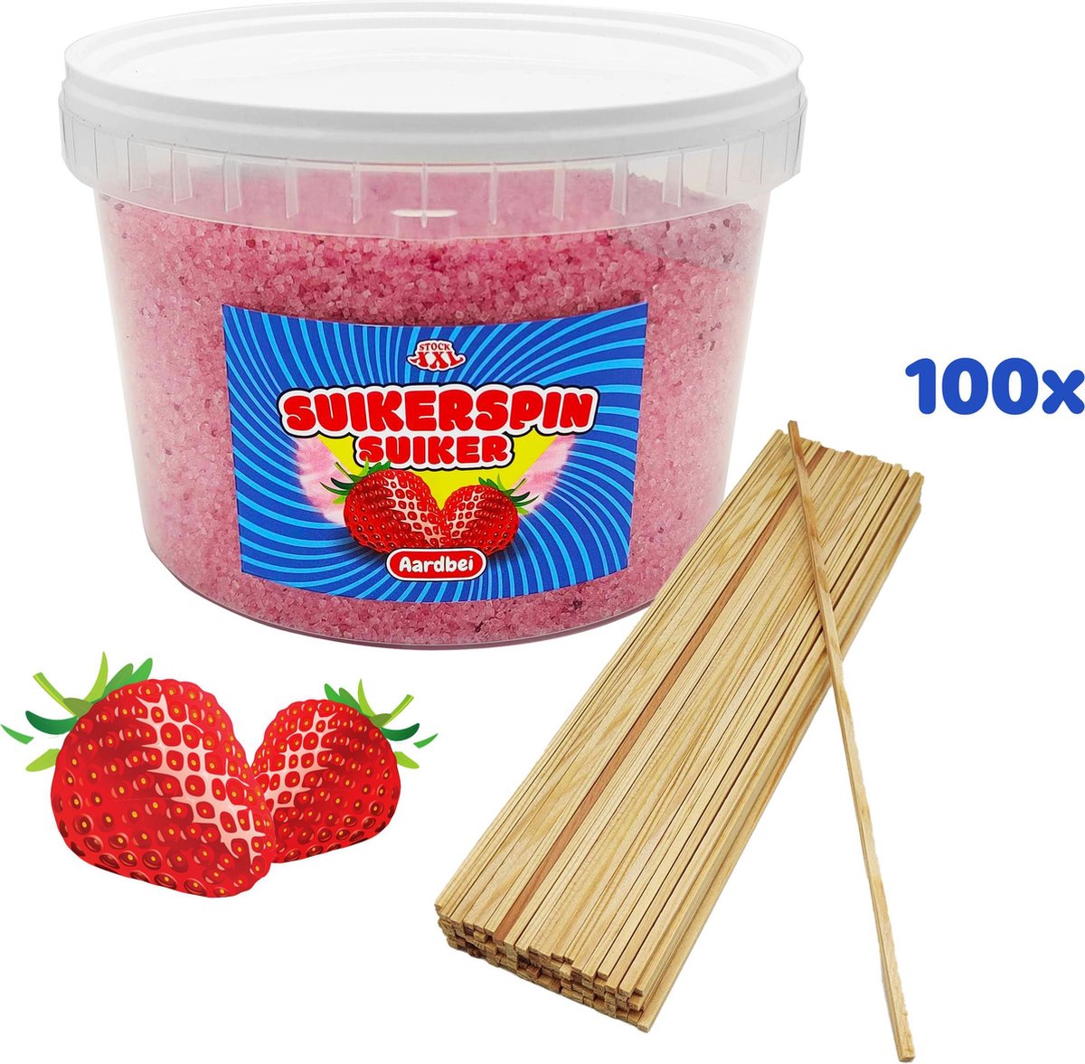 Suikerspinsuiker 2 KG aardbei in afsluitbaar emmertje - incl. ±  100 suikerspin stokjes