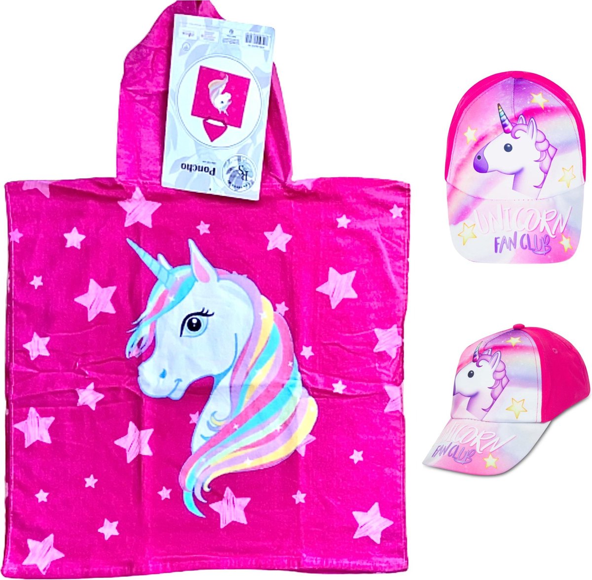 Eenhoorn / Unicorn set - badponcho + cap - Katoen - Roze - One size