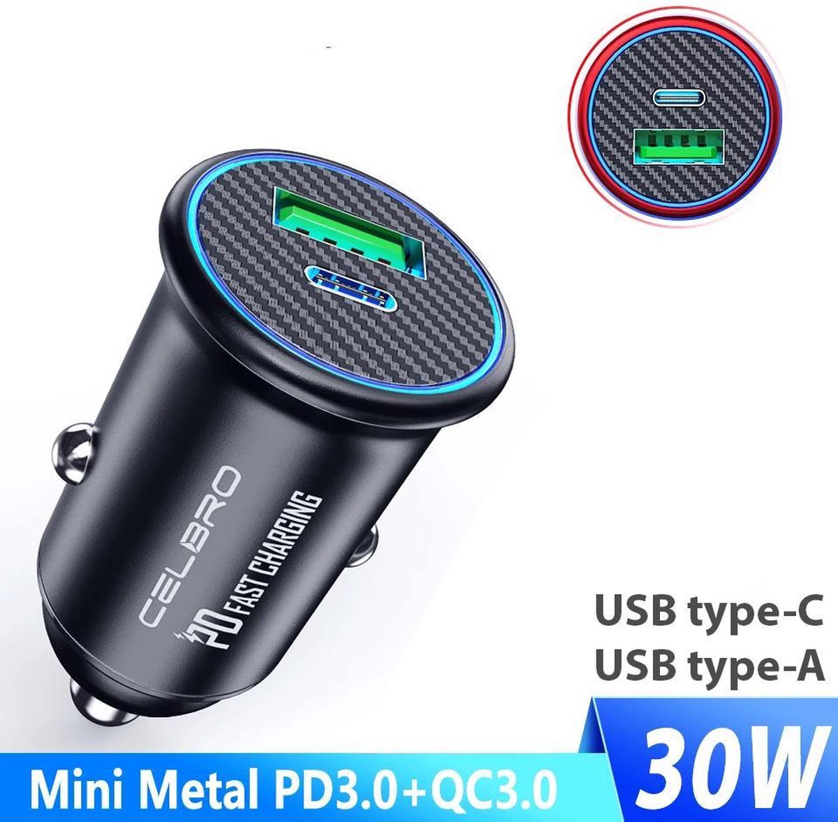 Dual USB QC4.0 Snellader Auto - Aluminium - Type-C en A - Mini Formaat - Led - Metalen Body - QC 4.0 Duo Lader - Quick Charge - Aluminium - Micro - LED - Autolader - Sigarettenaansteker - Laadplug - Telefoonlader Vrachtauto