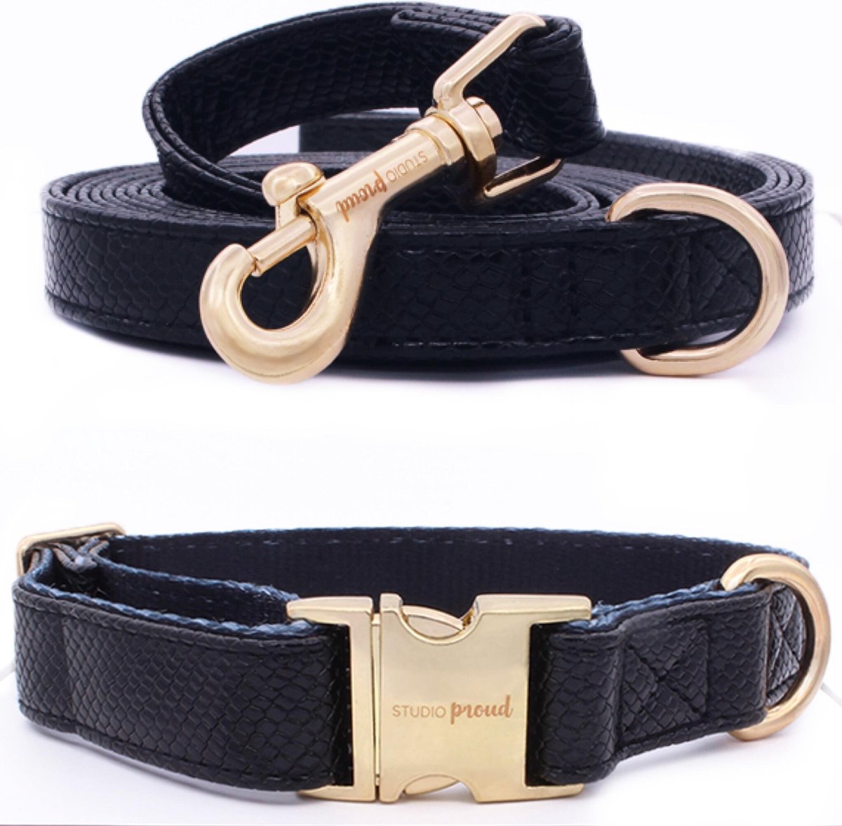 Studio Proud - Complet set - Halsband en hondenriem - zwarte snake print - goudkleurige accenten - maat XL -te combineren met bijpassende poepzakjeshouder