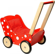 Houten Poppenwagen Rood met Witte Stippen