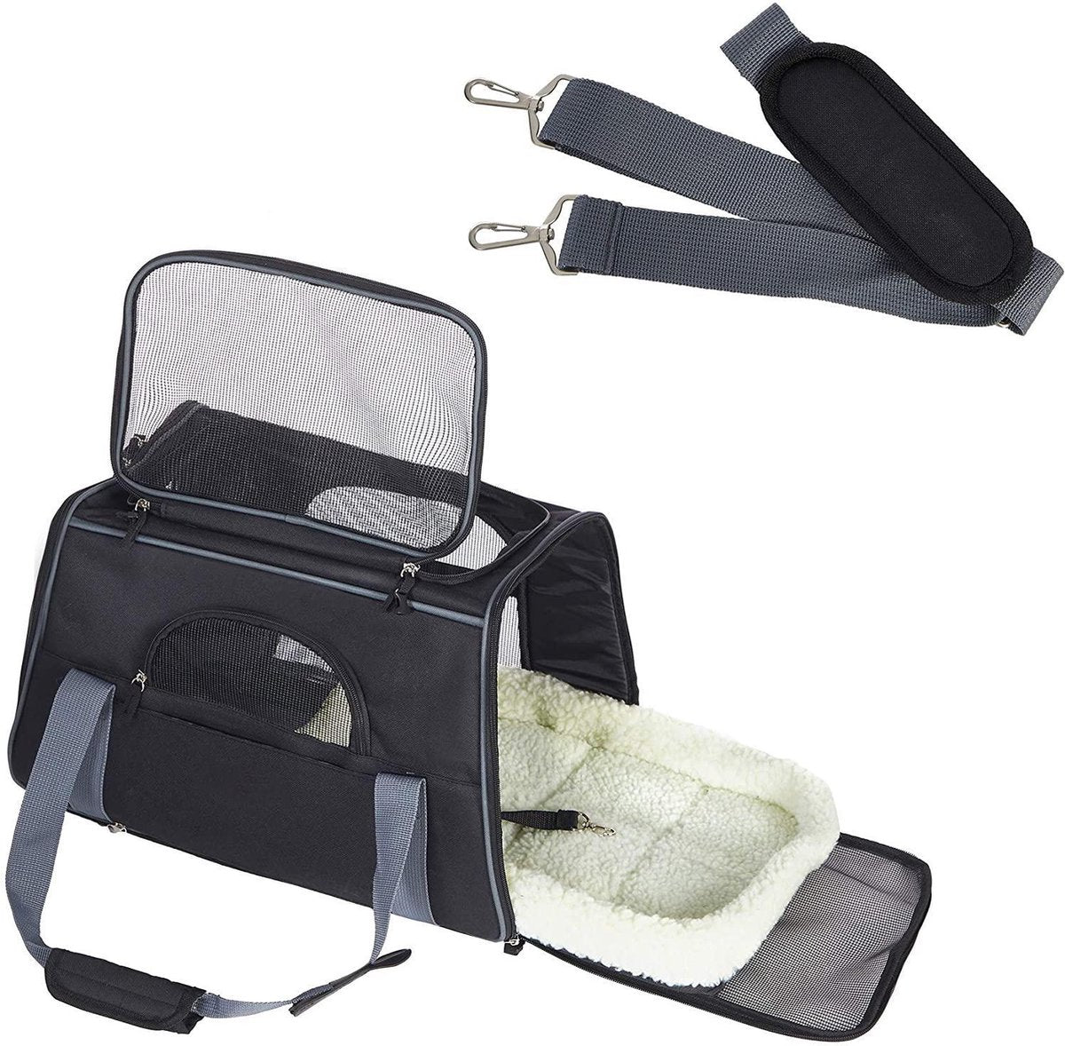 Sefaras Huisdierentas Zwart - Schoudertas voor honden en katten - Huisdier kat vervoer - Kattentas - Hondendraagtas transport meenemen vakantie - Carrier - 44 x 25 x 28 cm