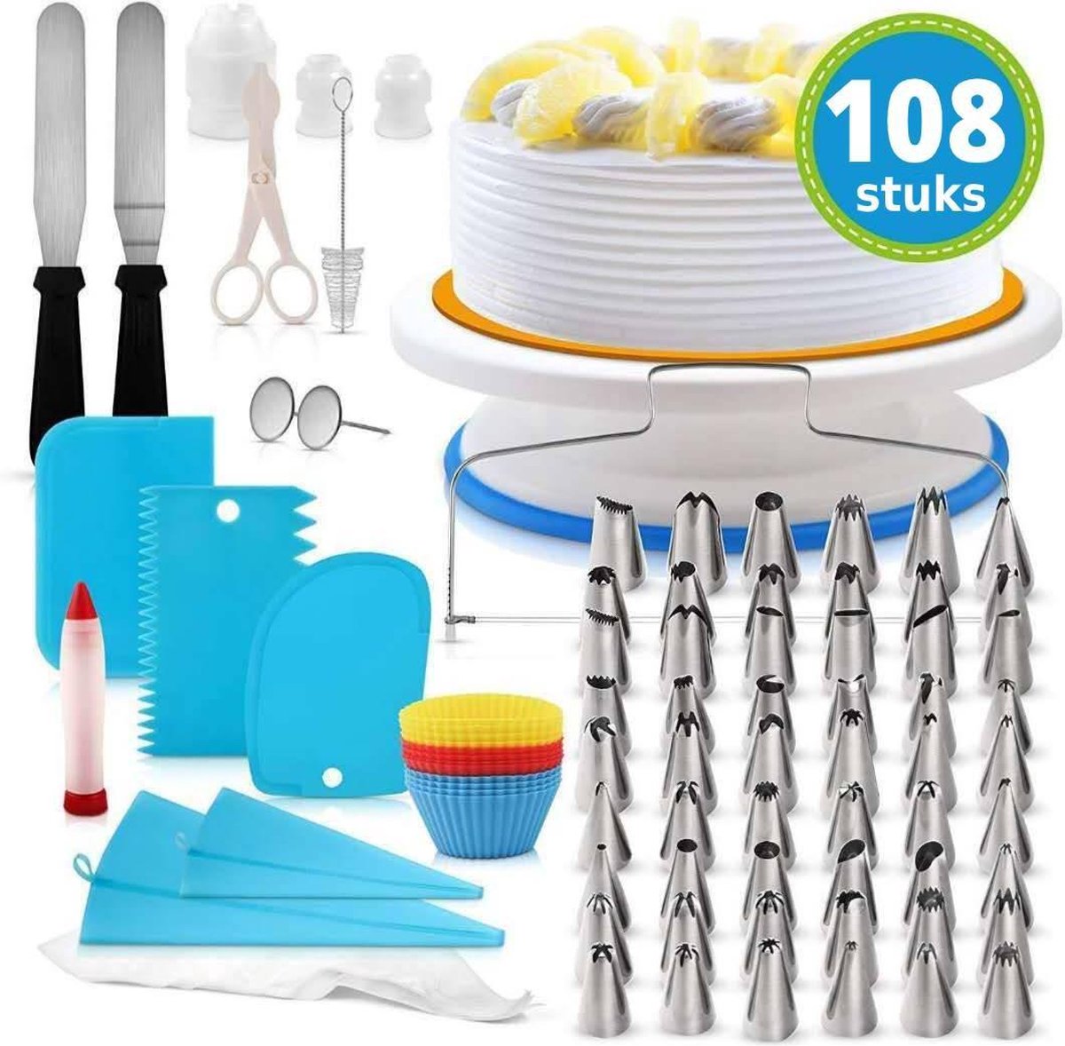 Perow Taarten Bak Set - Luxe 108 Delig Set - Decoratie Set - Taarten en Cupcakes - Draaibaar Plateau - Herbruikbare Spuitzak - Cupcake Vormpjes